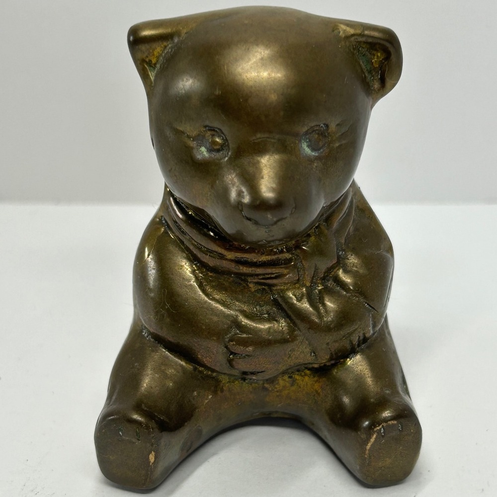 Vintage Brass Teddy Bear Figurine Statue Sitting Adorable‎ Desk Shelf Decor